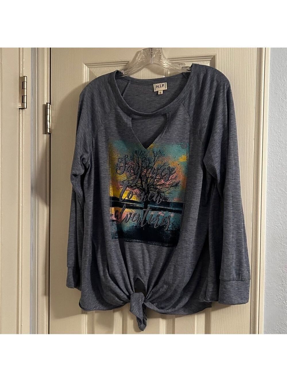 H.I.P. Front Tie Long Sleeve T-Shirt, 1X, Sky Blue